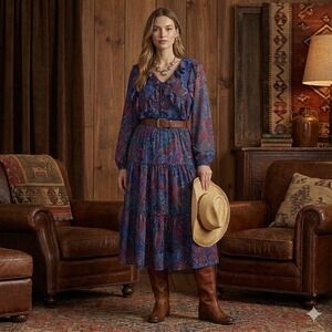 Lauren Ralph Lauren Paisley Georgette Ruffle Neck Maxi Dress NWOT Size 8